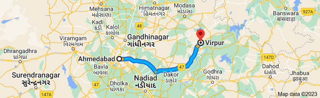 ahmedabad to virpur distace